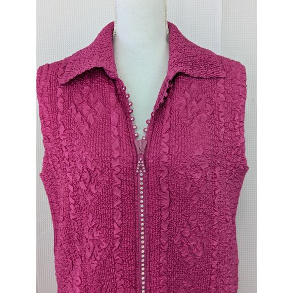 NWOT! MAGIC! FUSCHIA PINK "CRUMPLED" TEXTURE, RHINESTONE ZIPPER VEST! SZ L - Picture 4 of 9